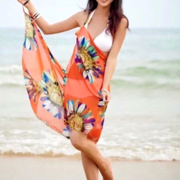 orange BEACH cover up bathing suit wrap DRESS swim - Picture 2 of 3